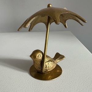 Vintage Solid Brass bird Holding Umbrella Home Decor Mid Century